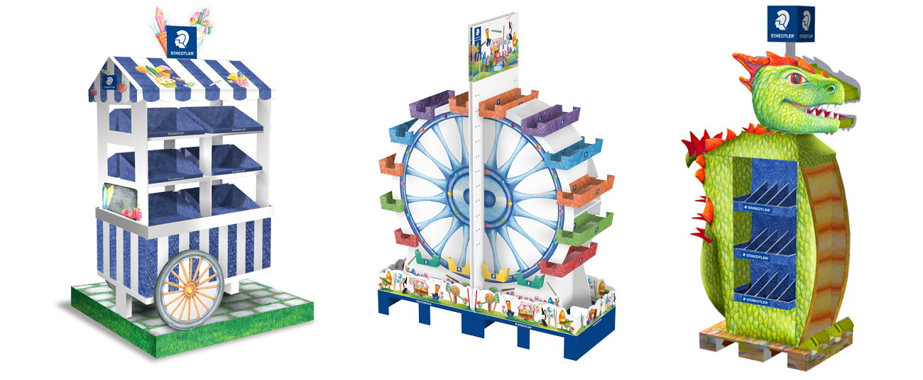 Abbildung von drei unterschiedlichen Produktdisplays mit den Motiven Eiswagen, Riesenrad und Drachen