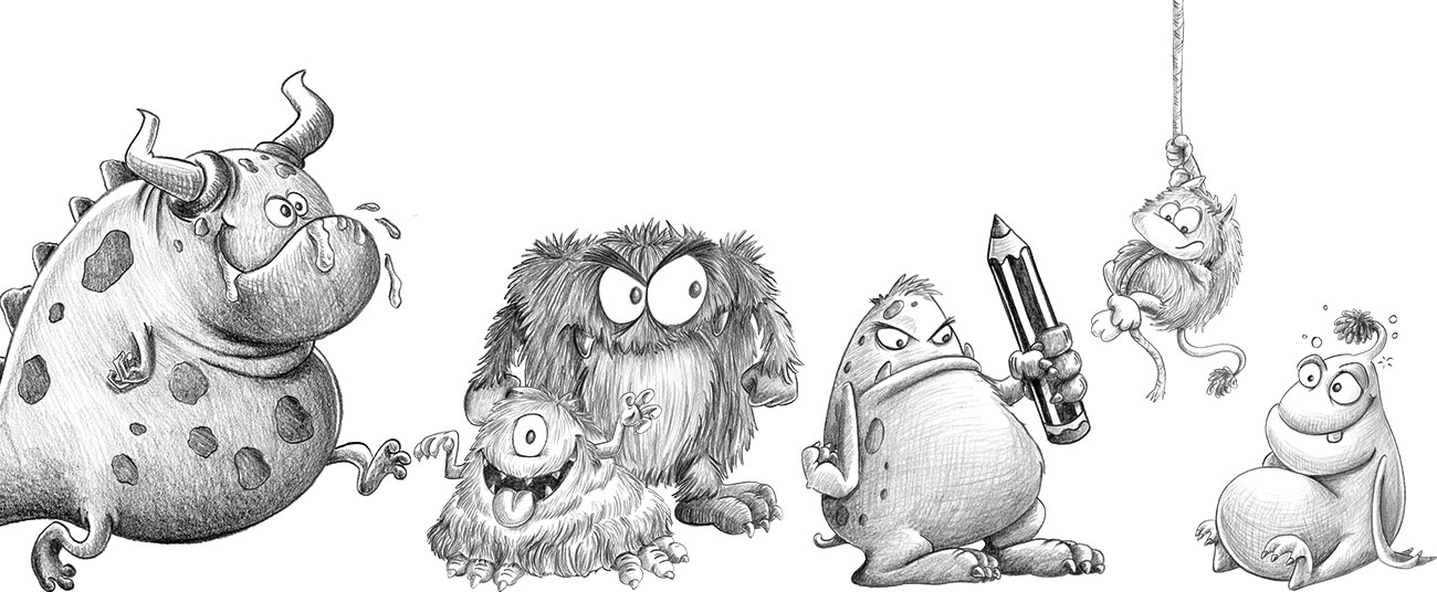 Sechs sympathische Monster-Charactere - entwickelt zur Illustration von Bleistiftverpackungen.