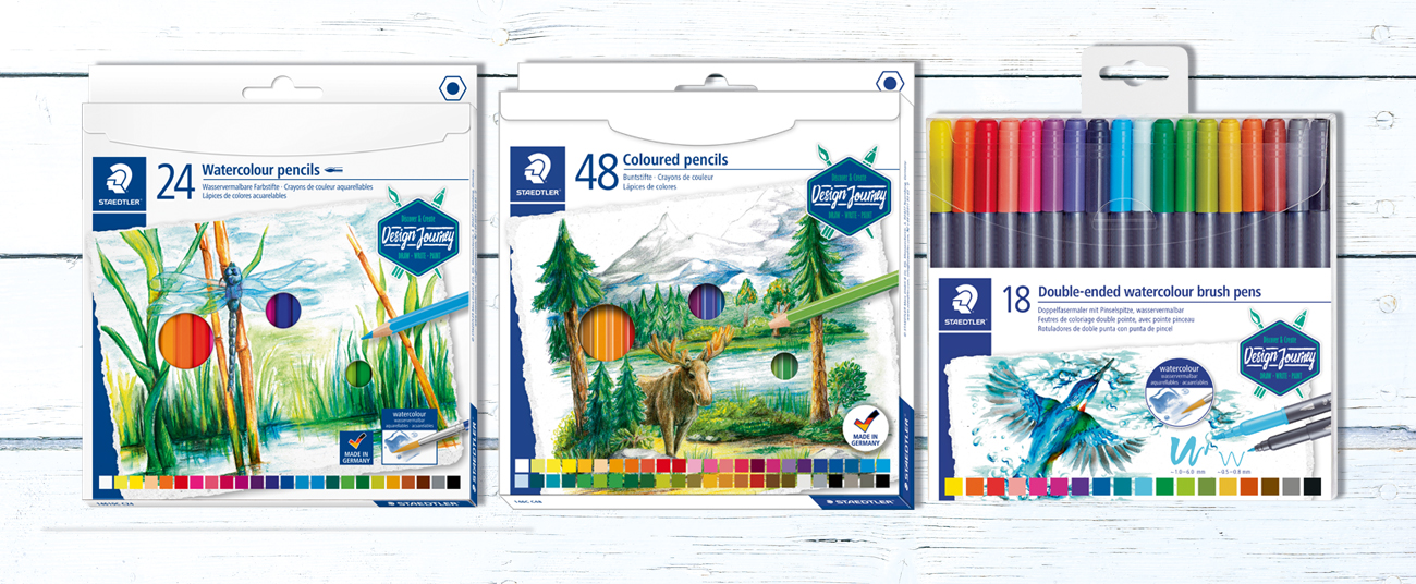 Drei Verpackungsabbildungen mit Illustrationen des STAEDTLER Buntstiftsortiments 'Design Journey'